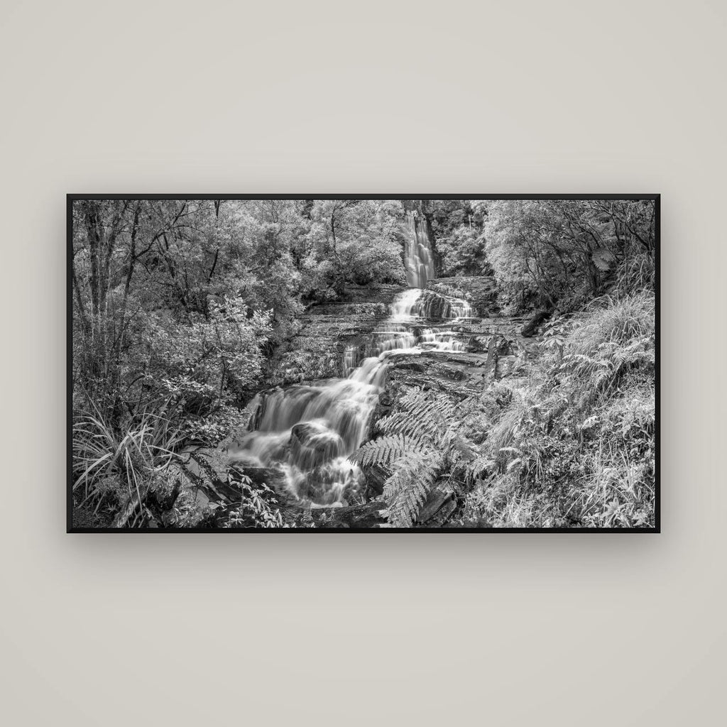 Radiance of Nature, McLean Falls — Basel Black Matte, 160×90 cm. New Zealand fine art wall art by Stephen Milner.