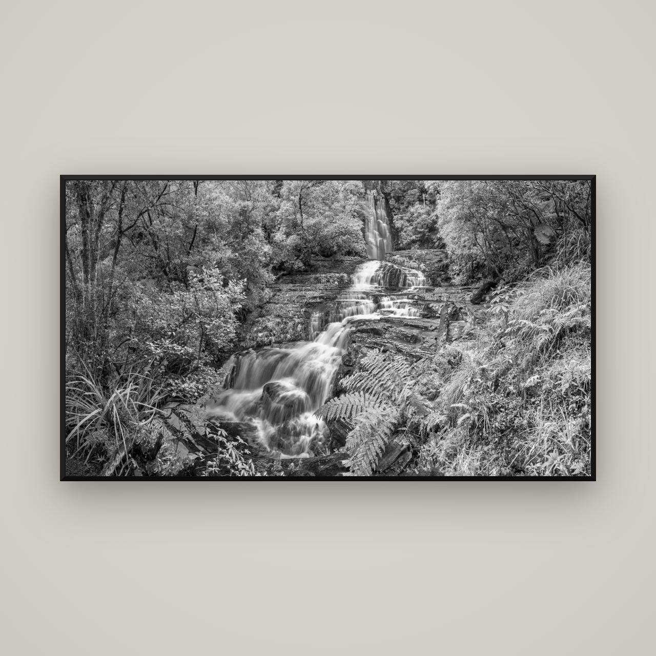 Radiance of Nature, McLean Falls — Basel Black, 160×90 cm. New Zealand fine art wall art by Stephen Milner.