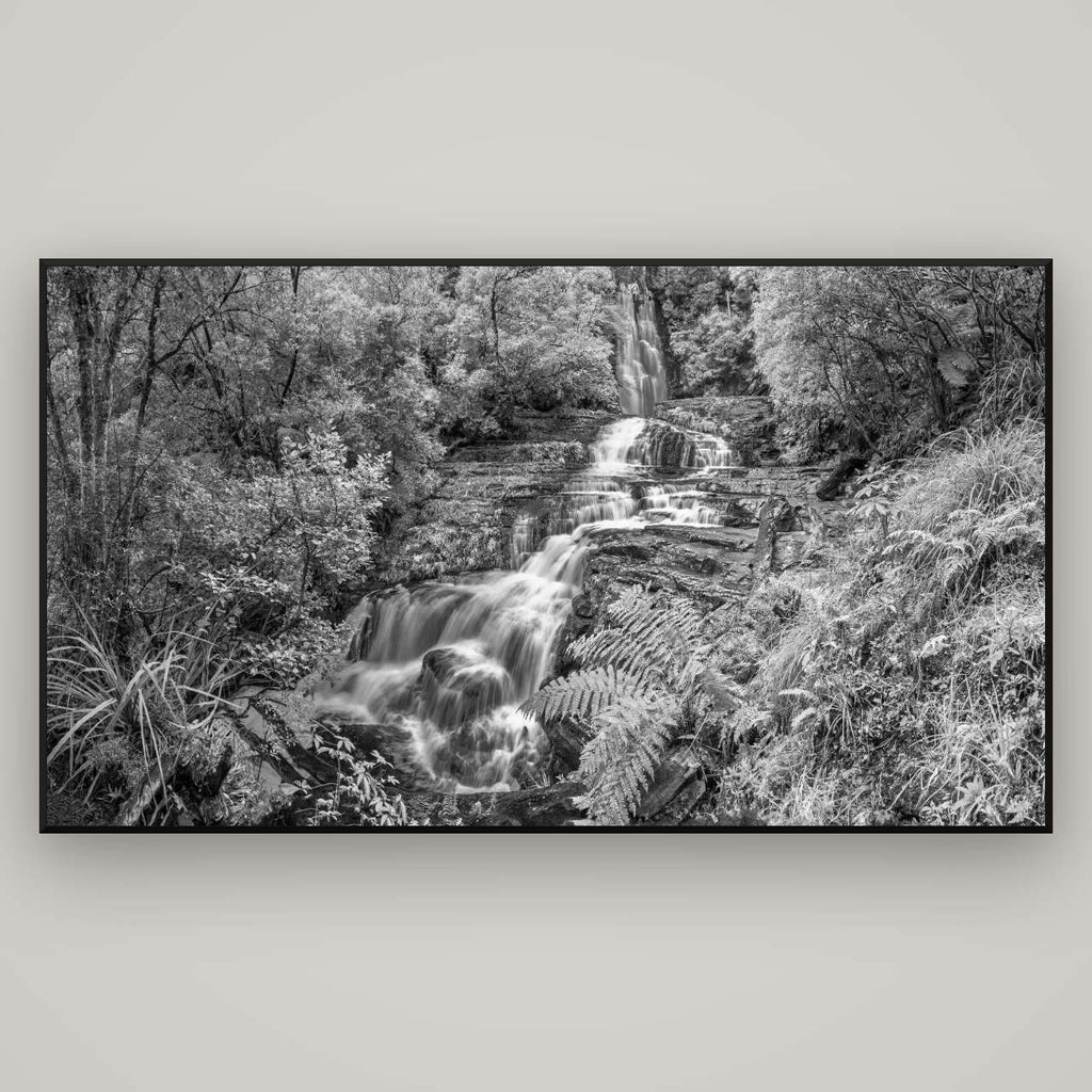 Radiance of Nature, McLean Falls — Basel Black Matte, 196×110 cm. New Zealand fine art wall art by Stephen Milner.
