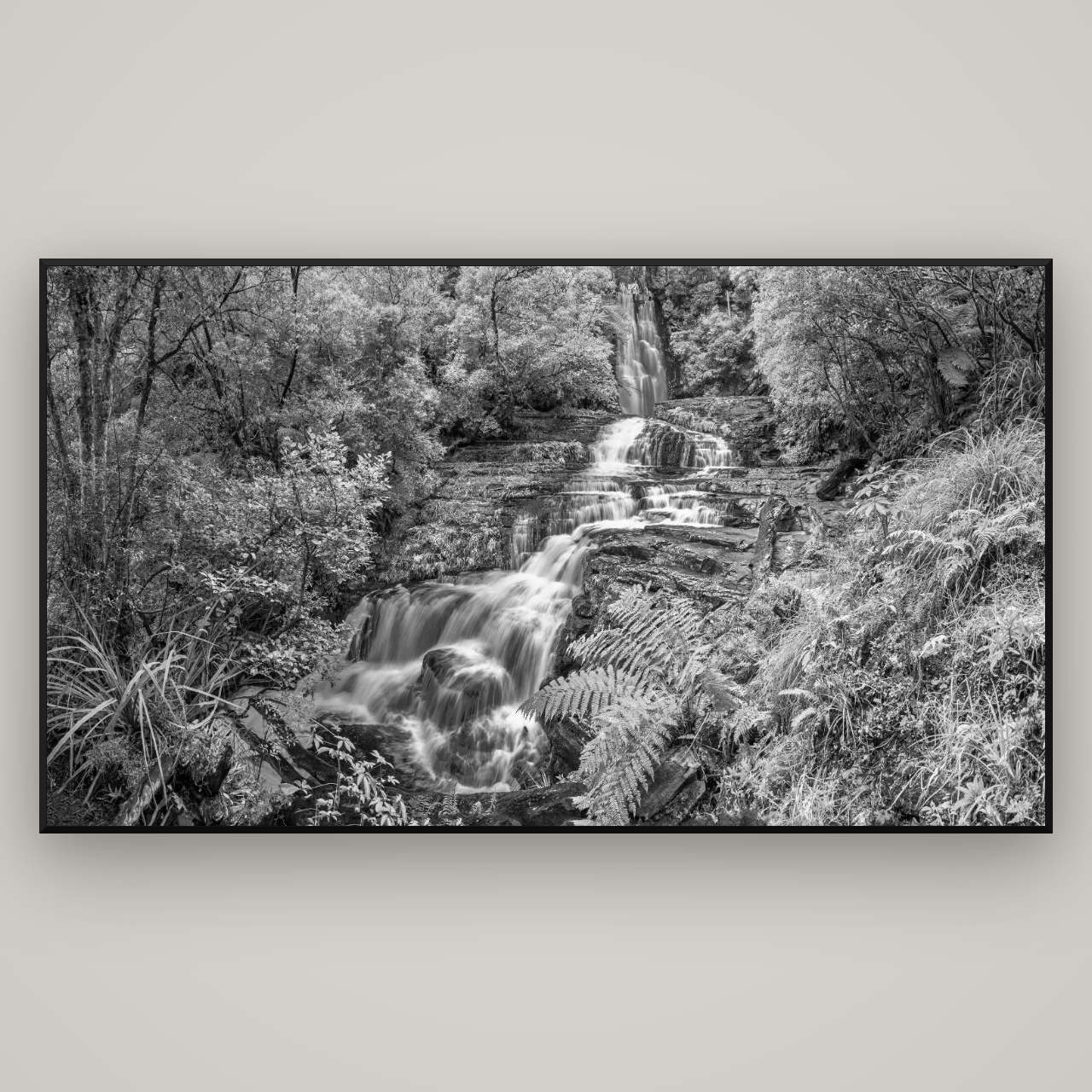 Radiance of Nature, McLean Falls — Basel Black, 196×110 cm. New Zealand fine art wall art by Stephen Milner.