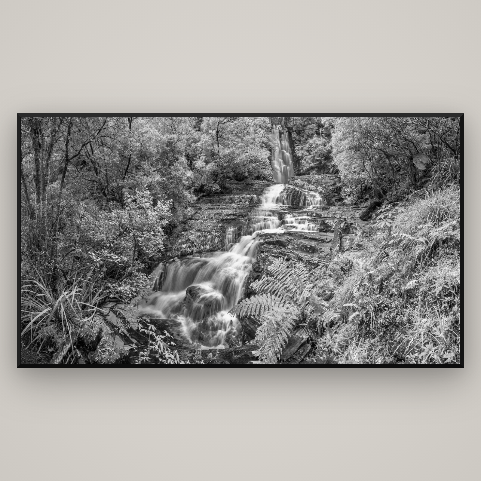 Radiance of Nature, McLean Falls — Basel Black Matte, 196×110 cm. New Zealand fine art wall art by Stephen Milner.