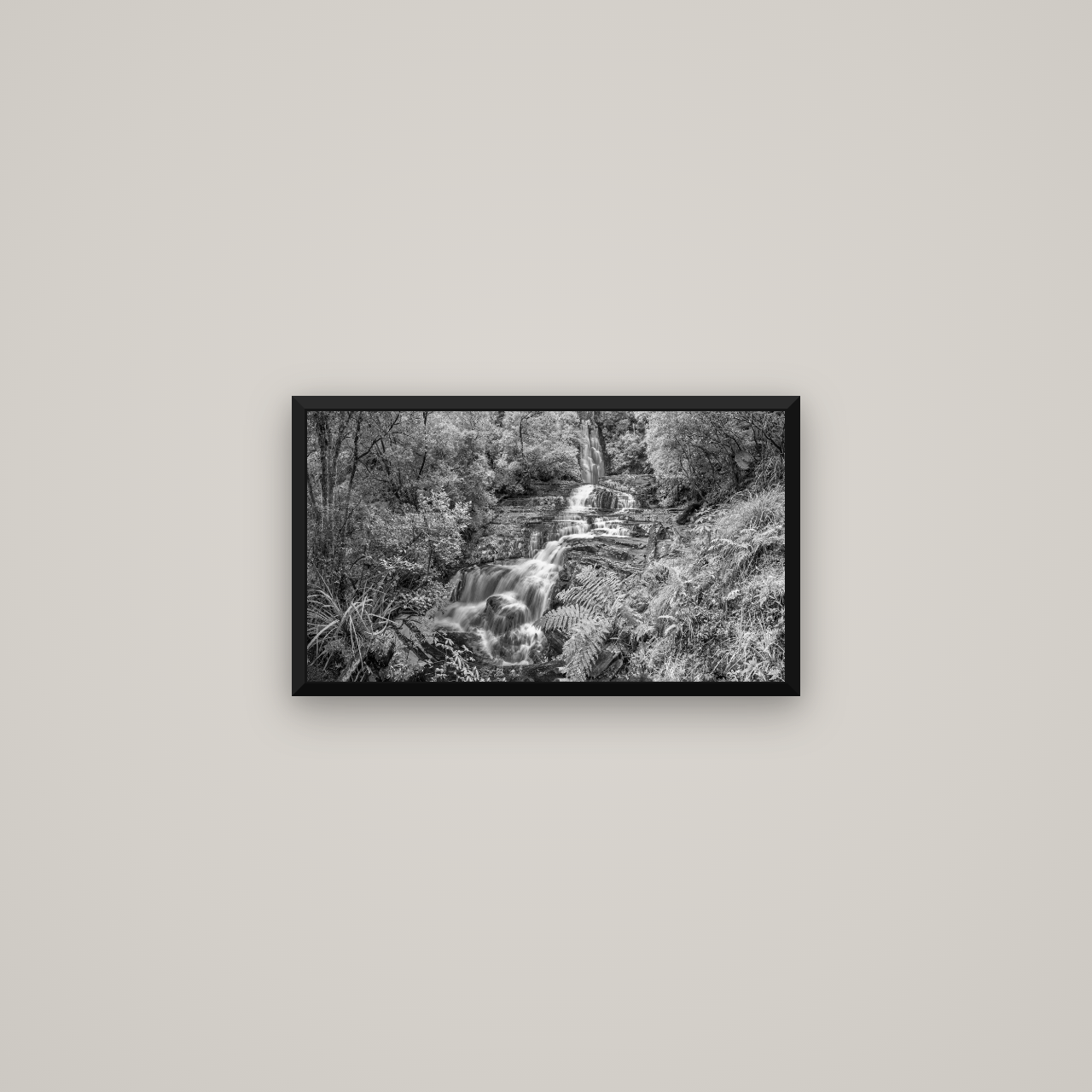 Radiance of Nature, McLean Falls — Basel Black Matte, 53×30 cm. New Zealand fine art wall art by Stephen Milner.
