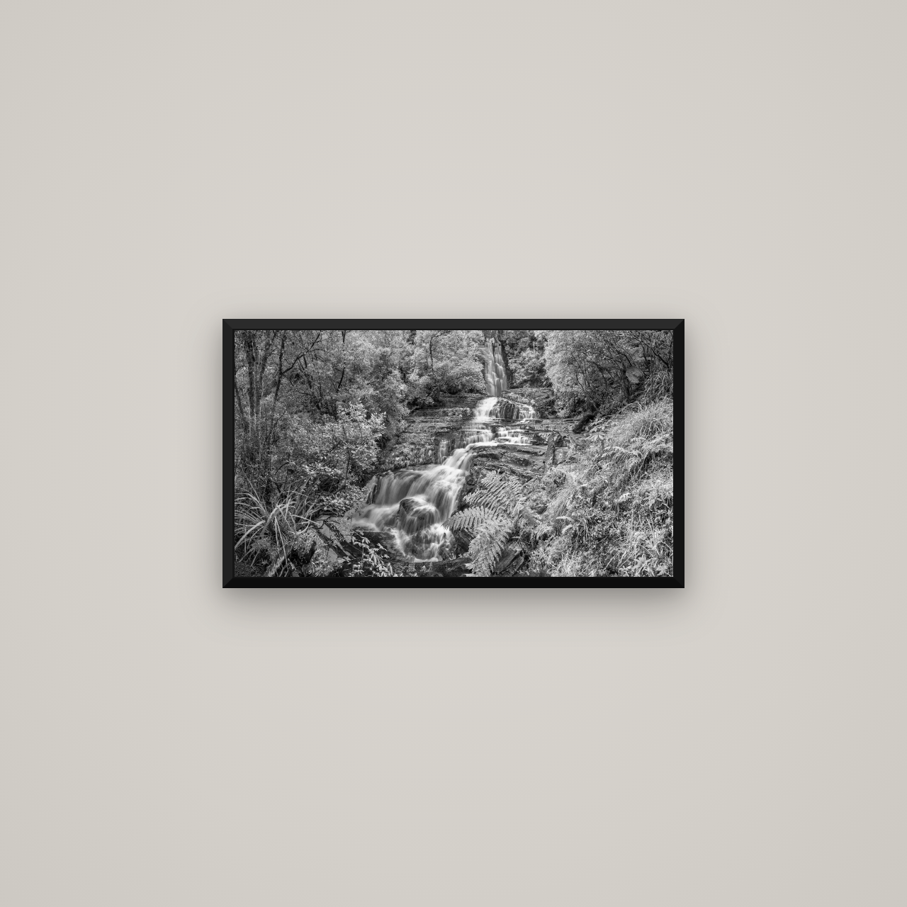 Radiance of Nature, McLean Falls — Basel Black Matte, 64×36 cm. New Zealand fine art wall art by Stephen Milner.