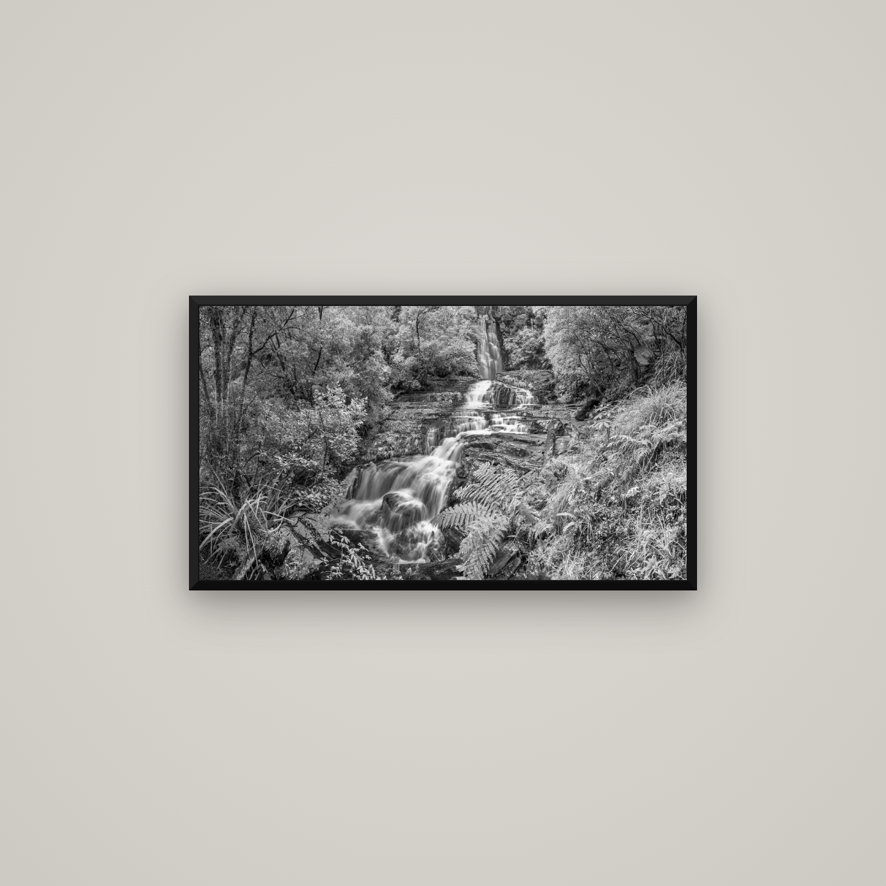 Radiance of Nature, McLean Falls — Basel Black Matte, 80×45 cm. New Zealand fine art wall art by Stephen Milner.