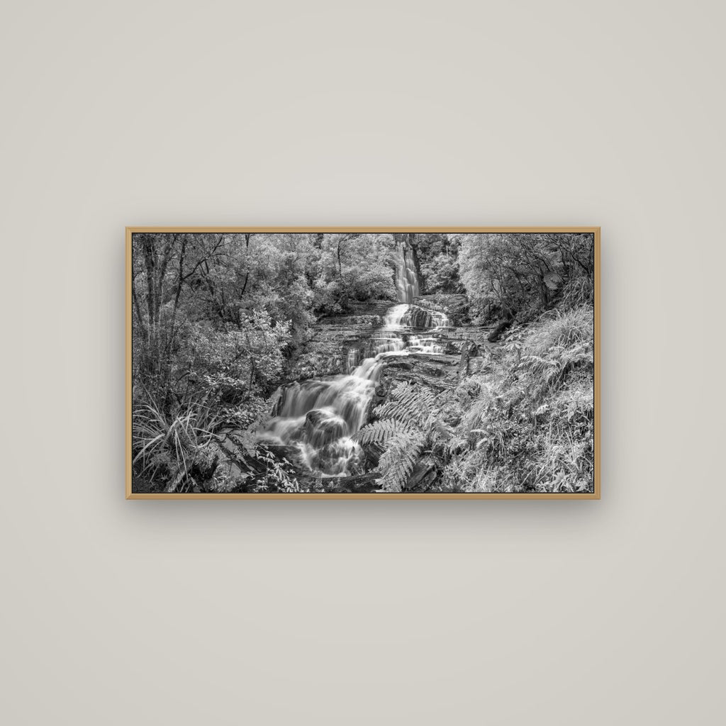 Radiance of Nature, McLean Falls, Basel Natural Oak, 107×60 cm. New Zealand fine art wall art by Stephen Milner.