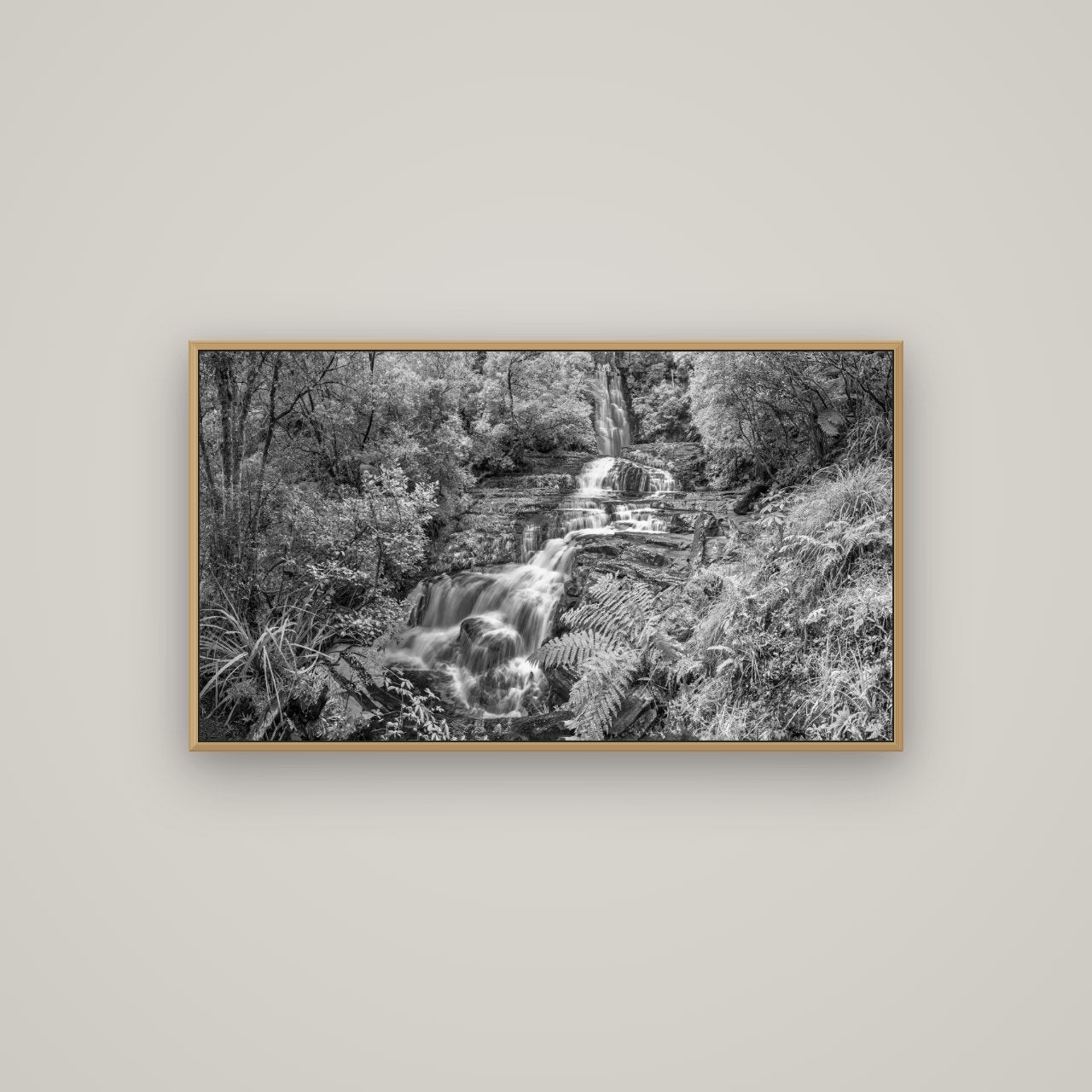 Radiance of Nature, McLean Falls, Basel Natural Oak, 107×60 cm. New Zealand fine art wall art by Stephen Milner.