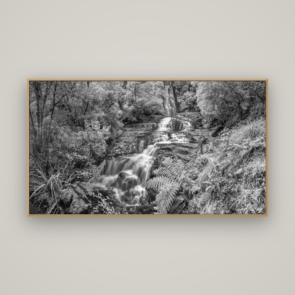 Radiance of Nature, McLean Falls, Basel Natural Oak, 160×90 cm. New Zealand fine art wall art by Stephen Milner.