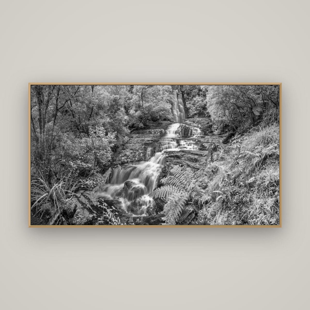Radiance of Nature, McLean Falls, Basel Natural Oak, 160×90 cm. New Zealand fine art wall art by Stephen Milner.