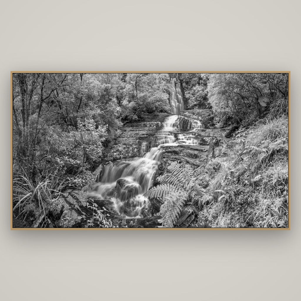 Radiance of Nature, McLean Falls, Basel Natural Oak, 196×110 cm. New Zealand fine art wall art by Stephen Milner.