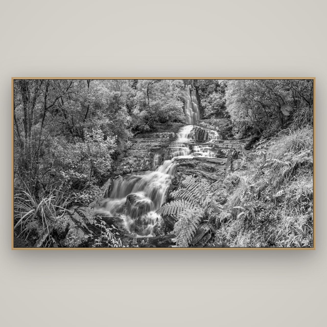 Radiance of Nature, McLean Falls, Basel Natural Oak, 196×110 cm. New Zealand fine art wall art by Stephen Milner.