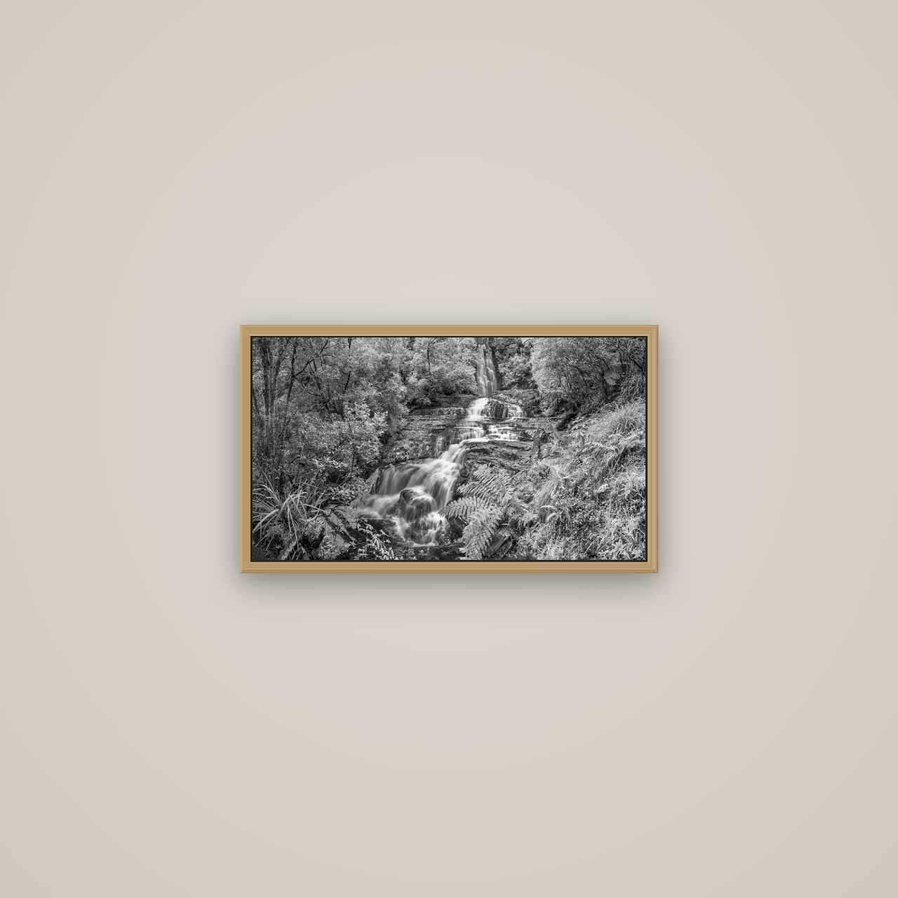 Radiance of Nature, McLean Falls, Basel Natural Oak, 53×30 cm. New Zealand fine art wall art by Stephen Milner.
