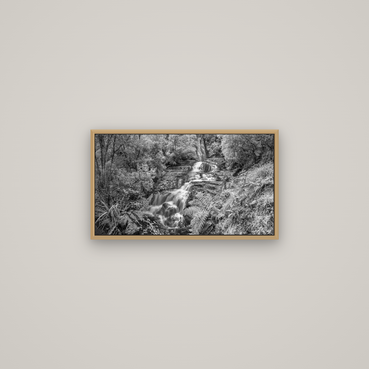 Radiance of Nature, McLean Falls, Basel Natural Oak, 64×36 cm. New Zealand fine art wall art by Stephen Milner.