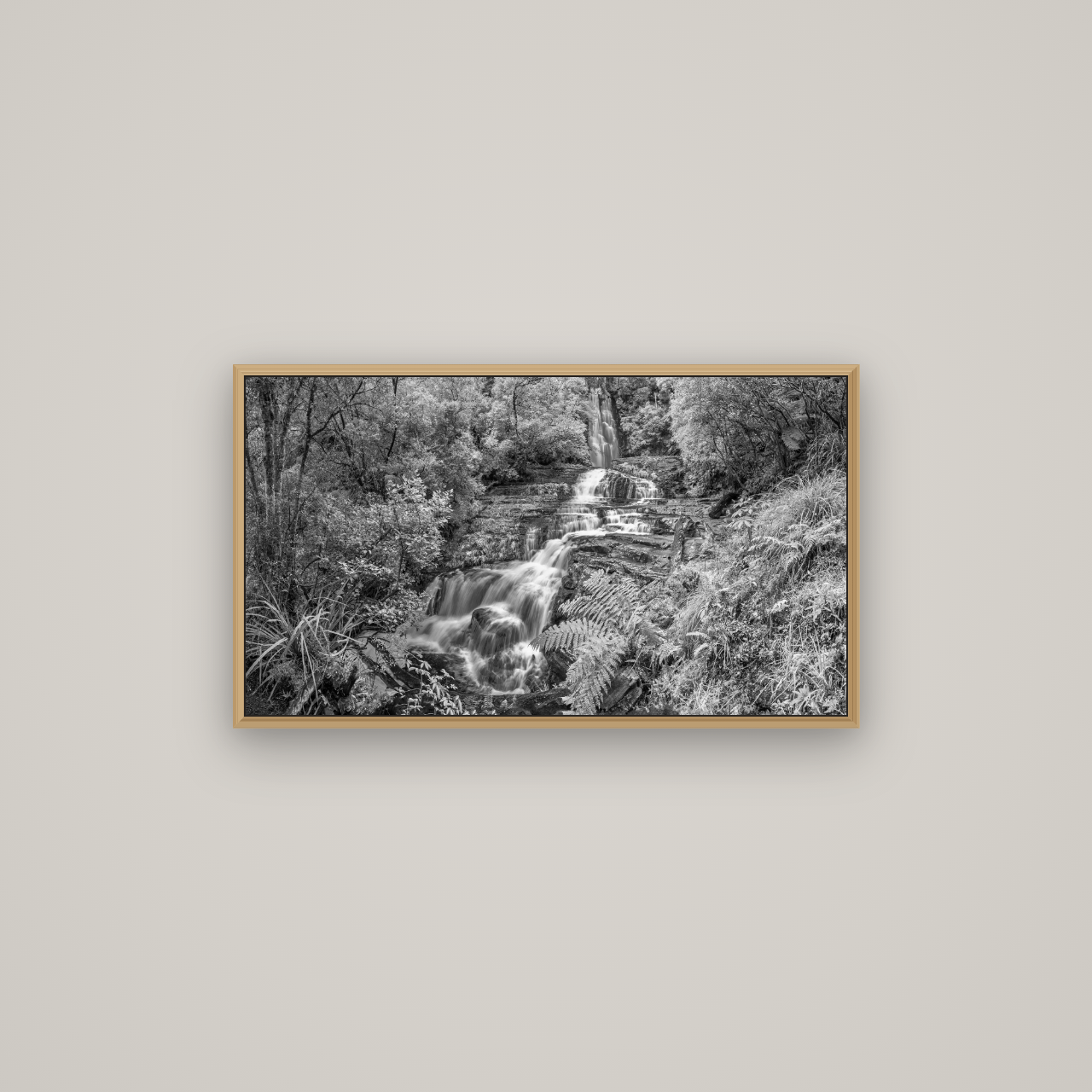 Radiance of Nature, McLean Falls, Basel Natural Oak, 80×45 cm. New Zealand fine art wall art by Stephen Milner.