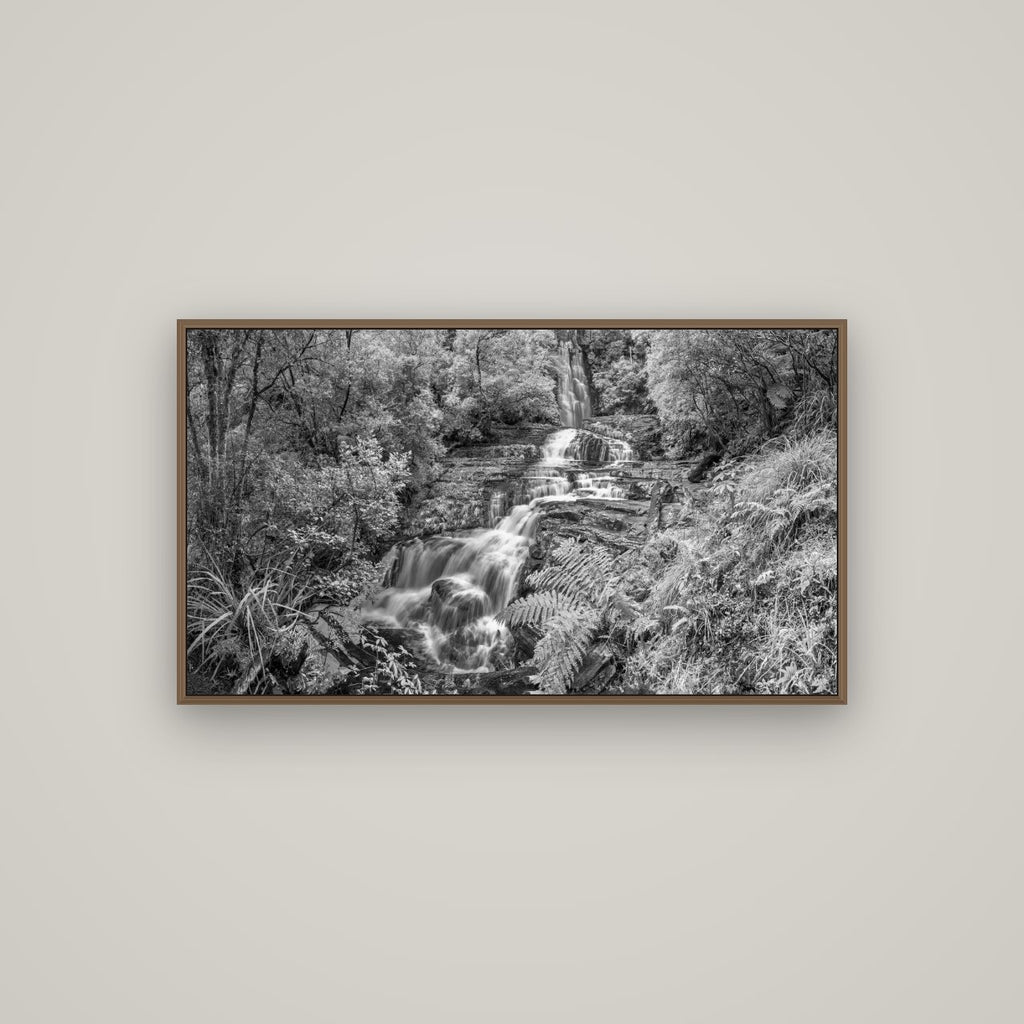 Radiance of Nature, McLean Falls, Basel Walnut, 107×60 cm. New Zealand fine art wall art by Stephen Milner.