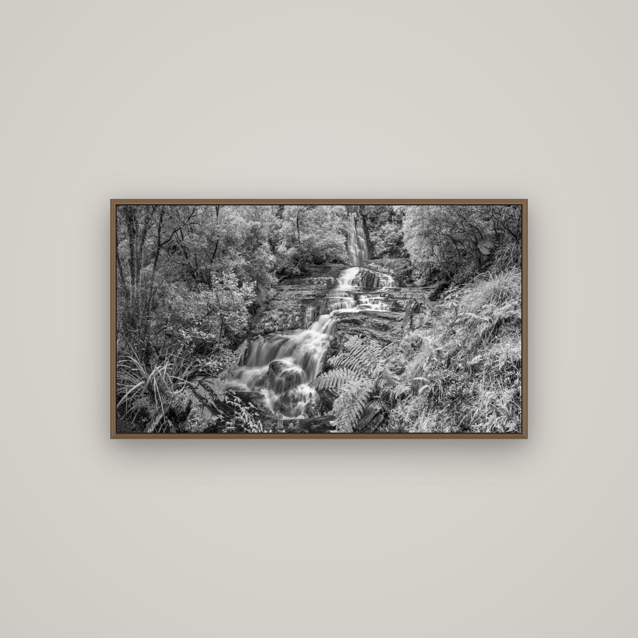 Radiance of Nature, McLean Falls, Basel Walnut, 107×60 cm. New Zealand fine art wall art by Stephen Milner.