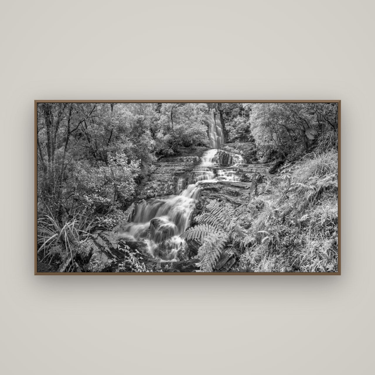 Radiance of Nature, McLean Falls, Basel Walnut, 160×90 cm. New Zealand fine art wall art by Stephen Milner.