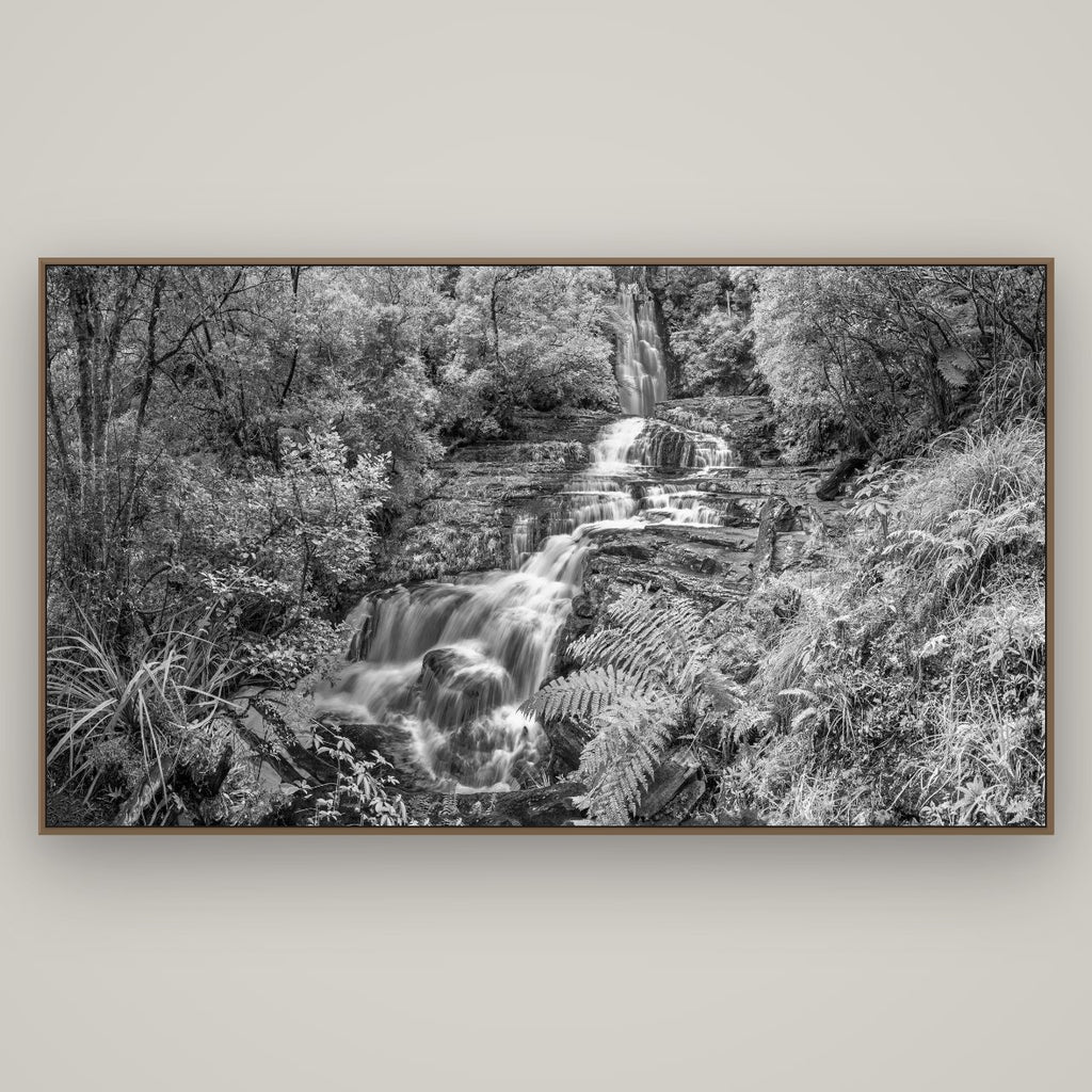 Radiance of Nature, McLean Falls, Basel Walnut, 196×110 cm. New Zealand fine art wall art by Stephen Milner.