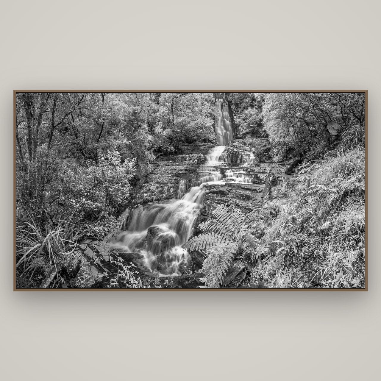 Radiance of Nature, McLean Falls, Basel Walnut, 196×110 cm. New Zealand fine art wall art by Stephen Milner.