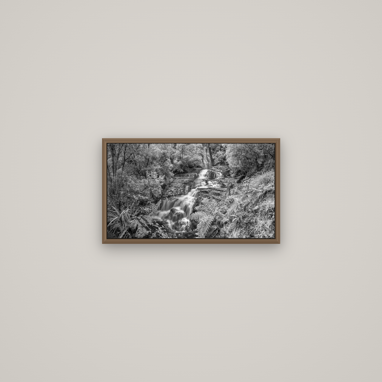 Radiance of Nature, McLean Falls, Basel Walnut, 53×30 cm. New Zealand fine art wall art by Stephen Milner.