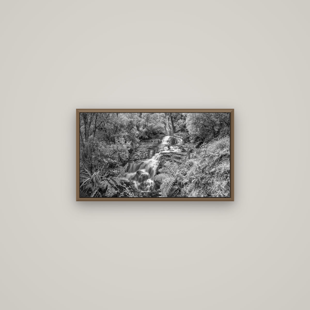 Radiance of Nature, McLean Falls, Basel Walnut, 64×36 cm. New Zealand fine art wall art by Stephen Milner.
