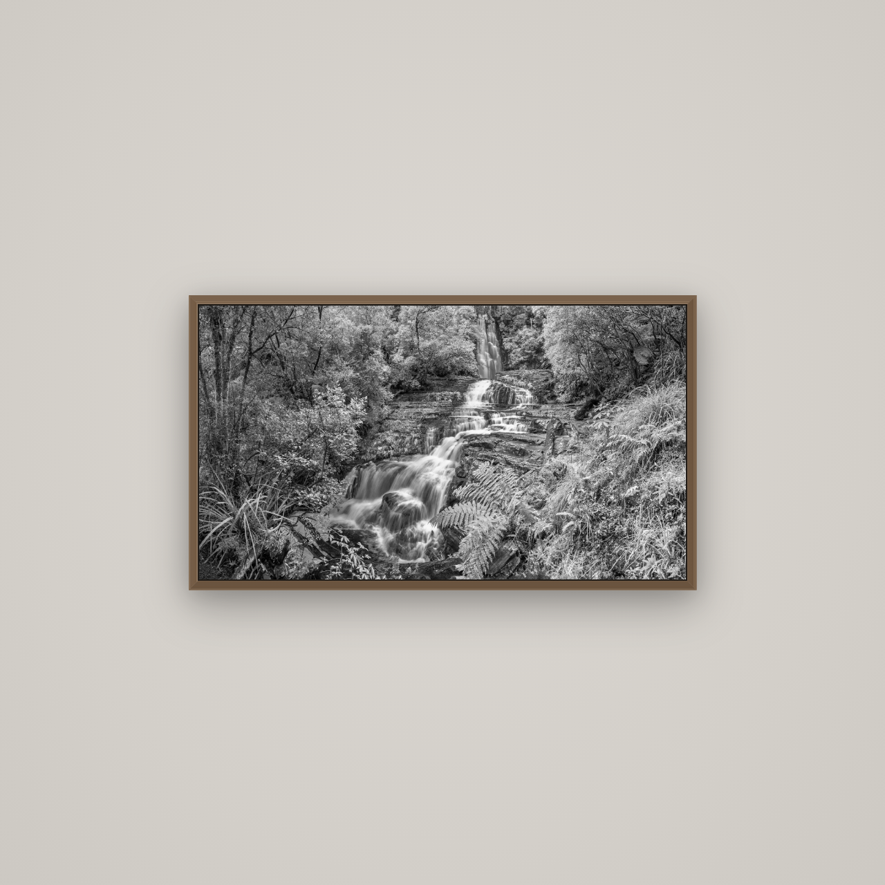 Radiance of Nature, McLean Falls, Basel Walnut, 80×45 cm. New Zealand fine art wall art by Stephen Milner.