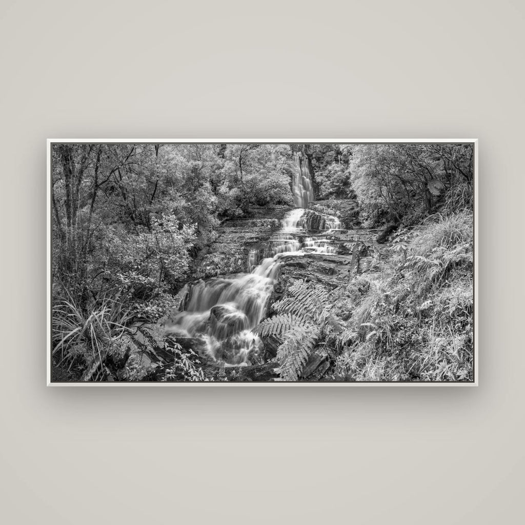 Radiance of Nature, McLean Falls — Basel White, 160×90 cm. New Zealand fine art wall art by Stephen Milner.
