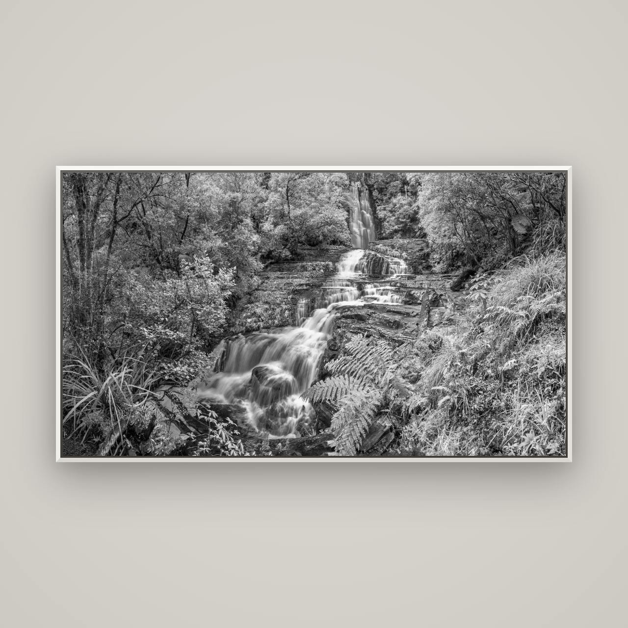 Radiance of Nature, McLean Falls — Basel White, 160×90 cm. New Zealand fine art wall art by Stephen Milner.