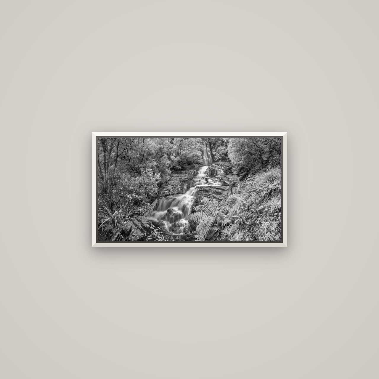 Radiance of Nature, McLean Falls — Basel White, 64×36 cm. New Zealand fine art wall art by Stephen Milner.