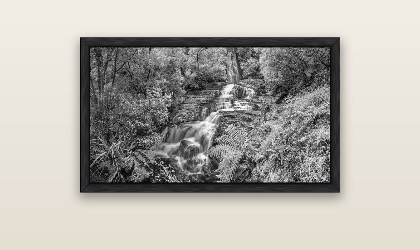 Radiance of Nature, McLean Falls — black float frame canvas, 102 × 56 cm. New Zealand fine art landscape wall art by Stephen Milner.