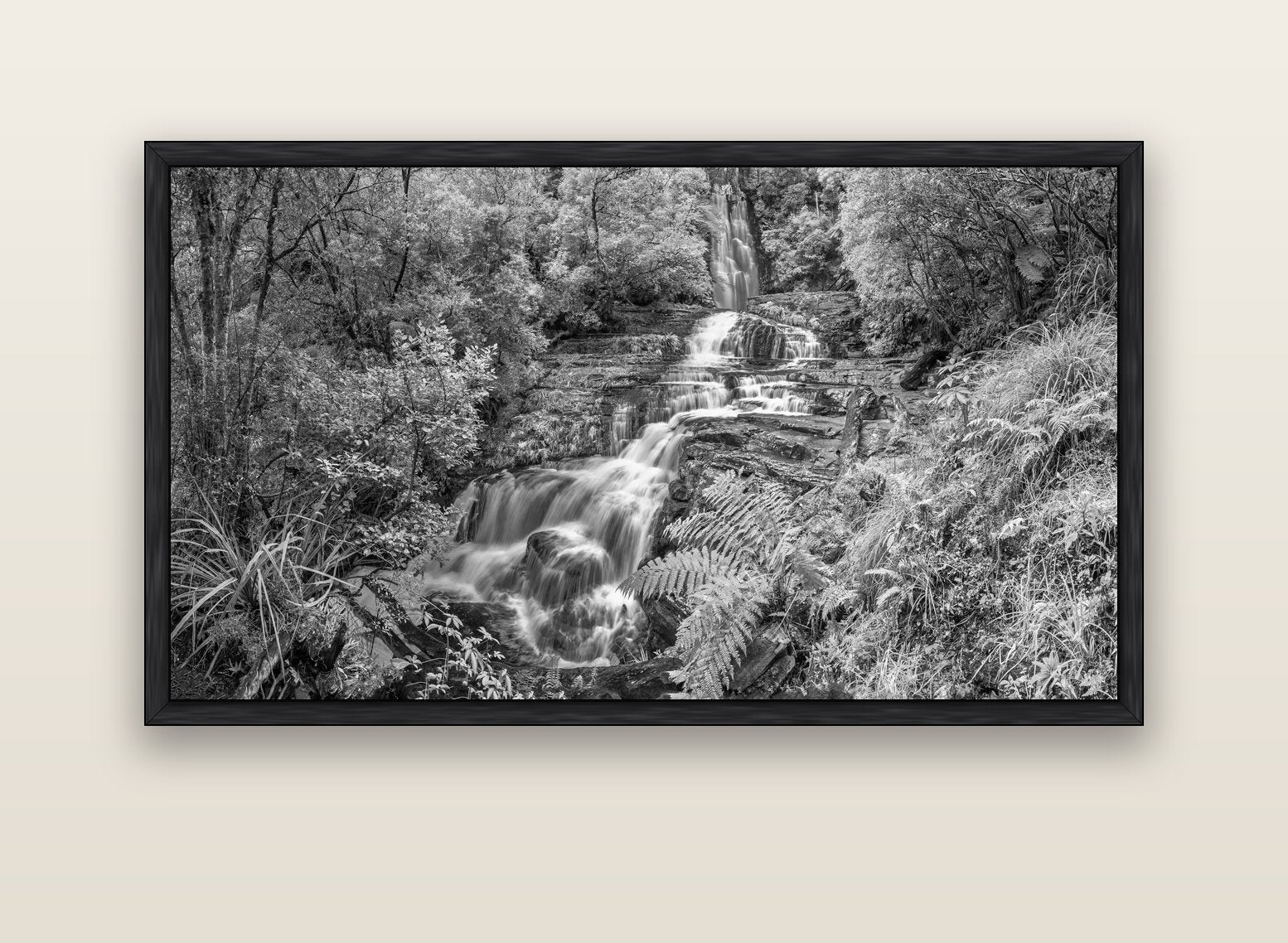 Radiance of Nature, McLean Falls — black float frame canvas, 152 × 86 cm. New Zealand fine art landscape wall art by Stephen Milner.