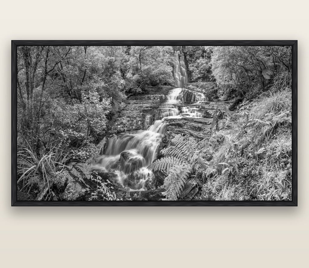 Radiance of Nature, McLean Falls — black float frame canvas, 200 × 130 cm. New Zealand fine art landscape wall art by Stephen Milner.