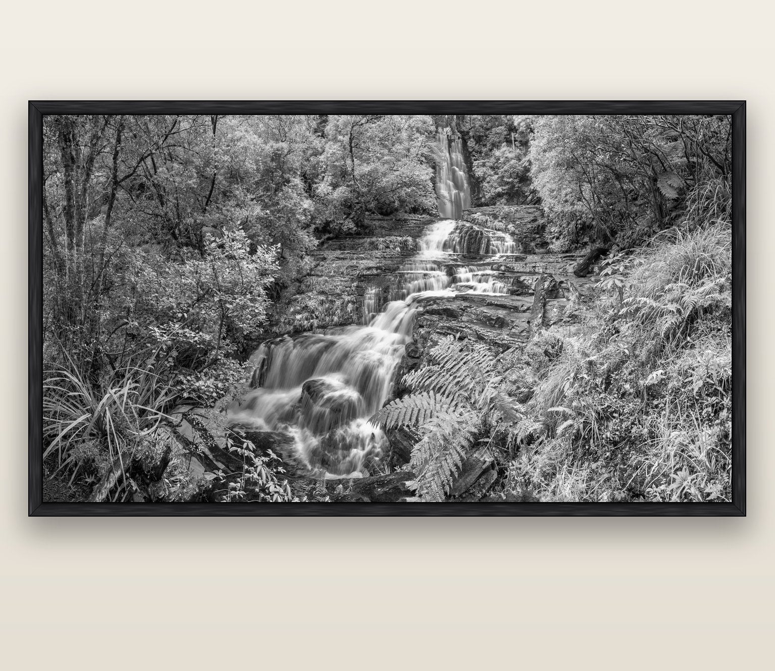 Radiance of Nature, McLean Falls — black float frame canvas, 200 × 130 cm. New Zealand fine art landscape wall art by Stephen Milner.