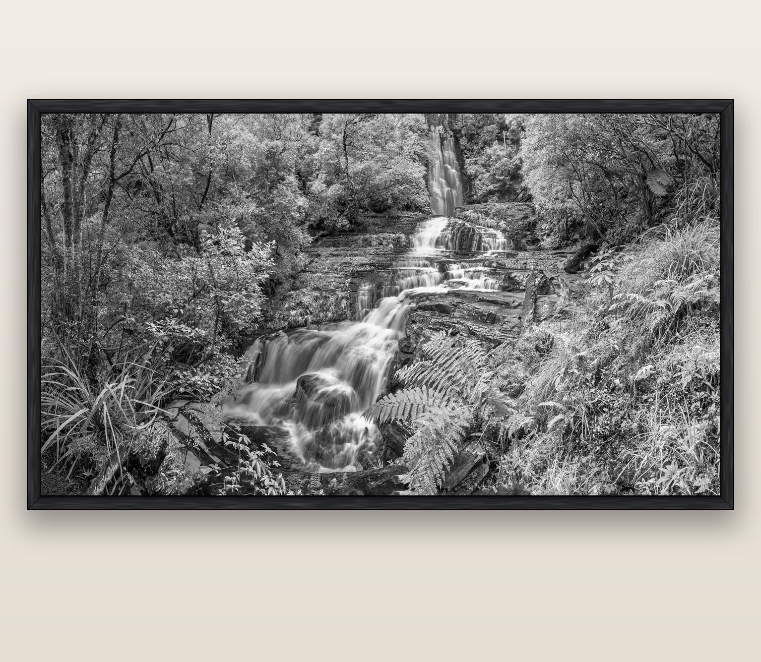 Radiance of Nature, McLean Falls — black float frame canvas, 201 × 99 cm. New Zealand fine art landscape wall art by Stephen Milner.