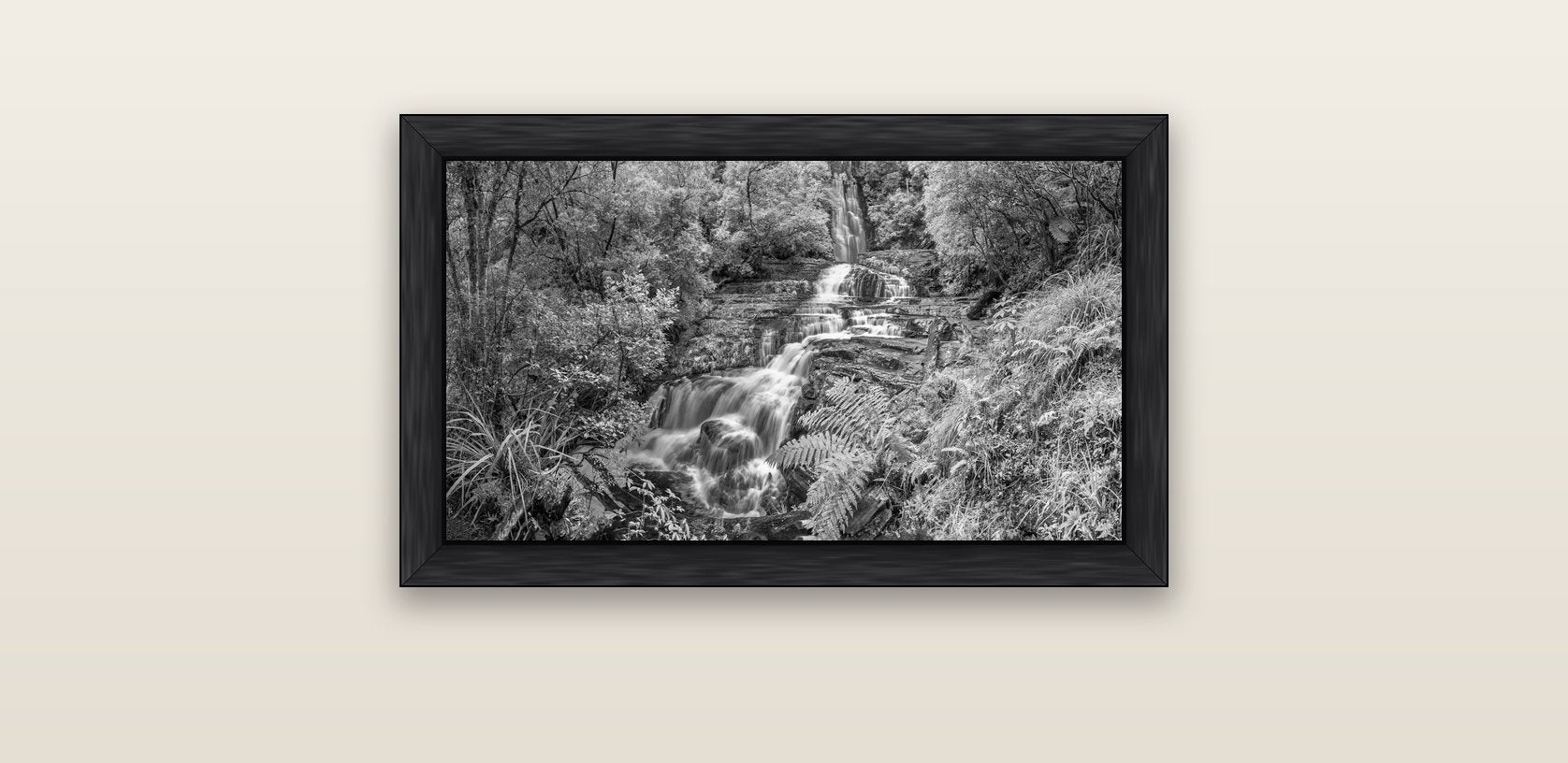 Radiance of Nature, McLean Falls — black float frame canvas, 61 × 36 cm. New Zealand fine art landscape wall art by Stephen Milner.