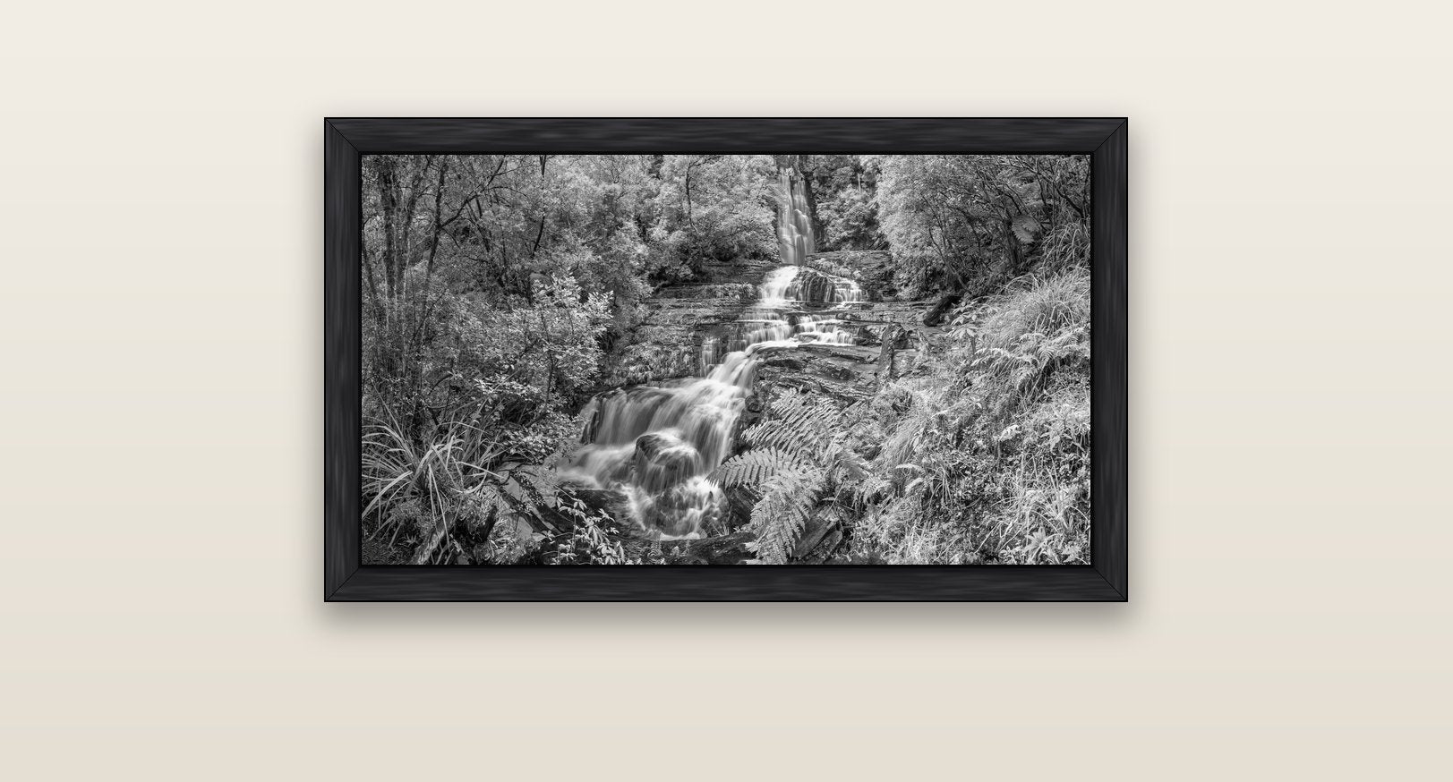 Radiance of Nature, McLean Falls — black float frame canvas, 81 × 46 cm. New Zealand fine art landscape wall art by Stephen Milner.