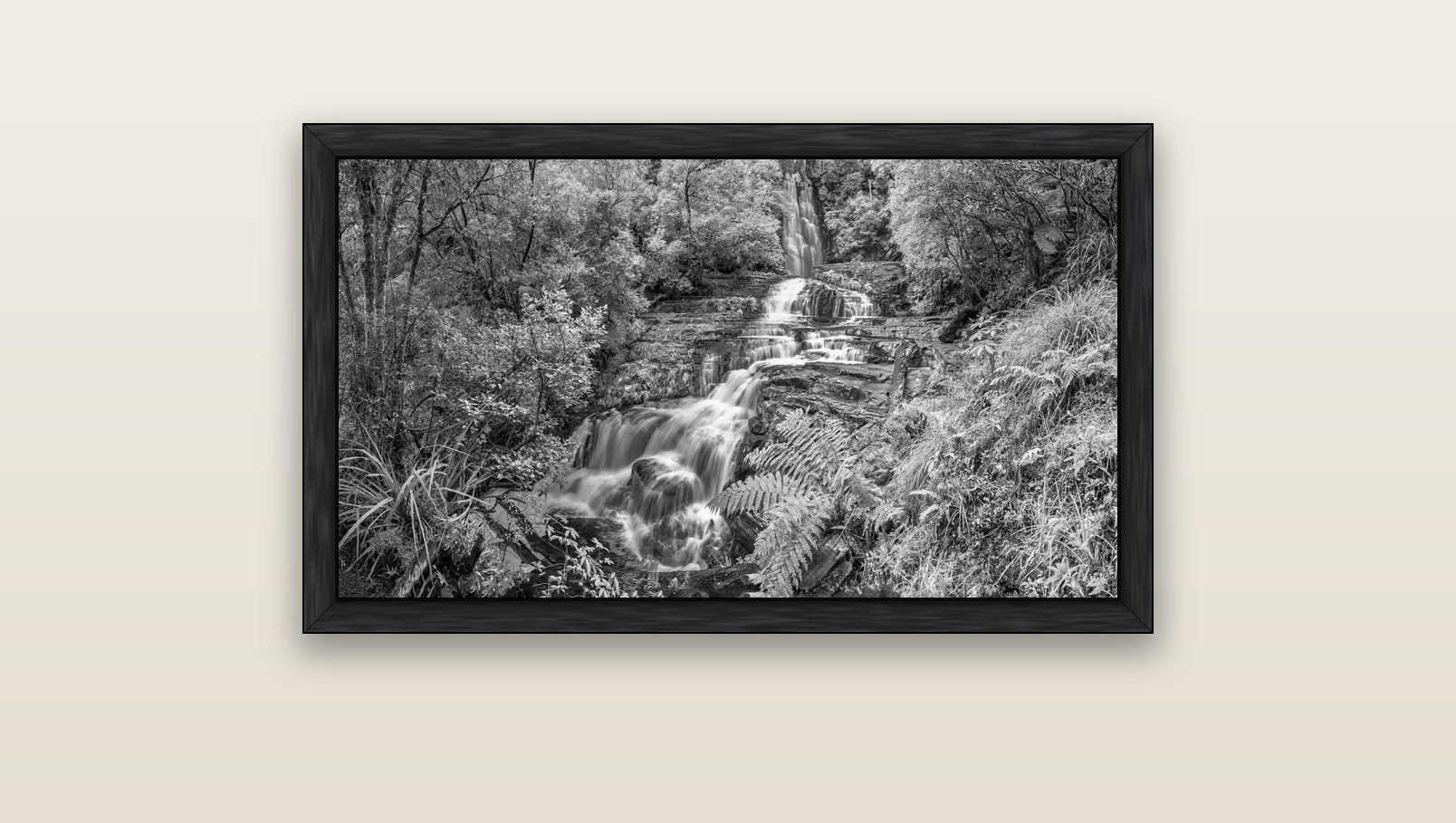 Radiance of Nature, McLean Falls — black float frame canvas, 91 × 51 cm. New Zealand fine art landscape wall art by Stephen Milner.