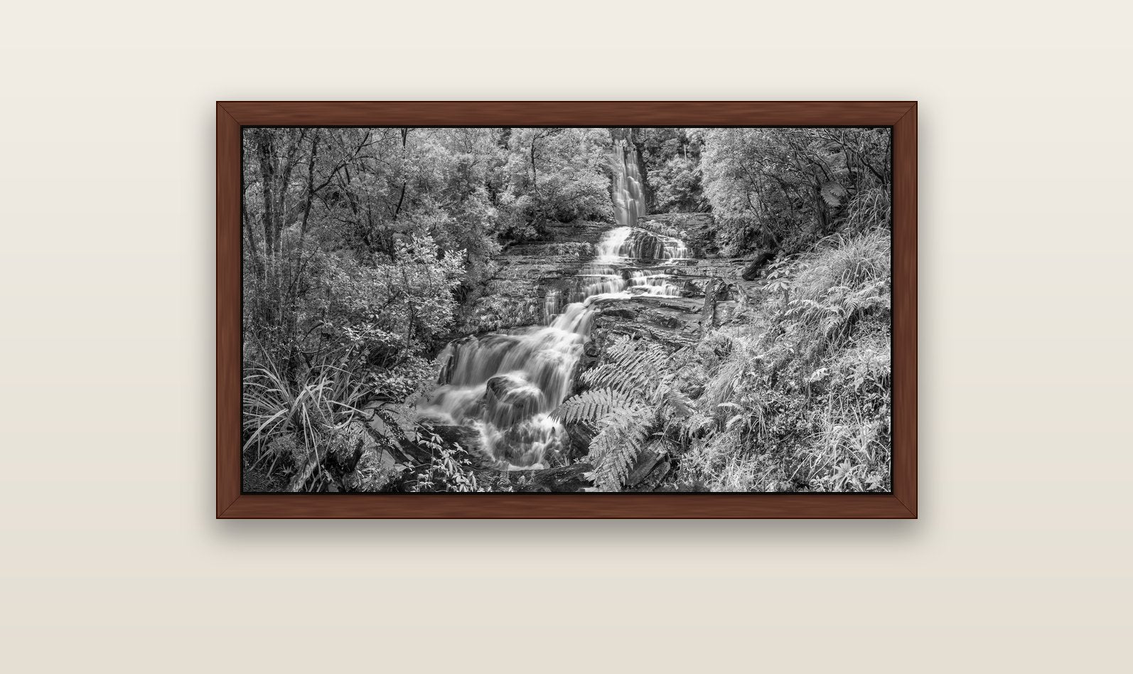 Radiance of Nature, McLean Falls — brown float frame canvas, 102 × 56 cm. New Zealand fine art landscape wall art by Stephen Milner.