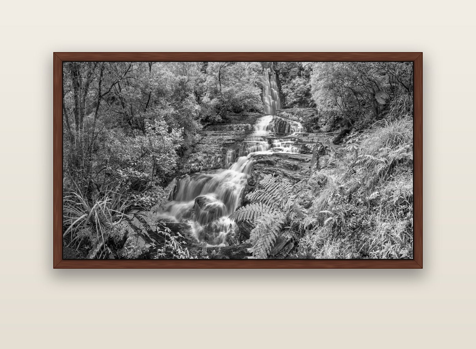 Radiance of Nature, McLean Falls — brown float frame canvas, 152 × 86 cm. New Zealand fine art landscape wall art by Stephen Milner.