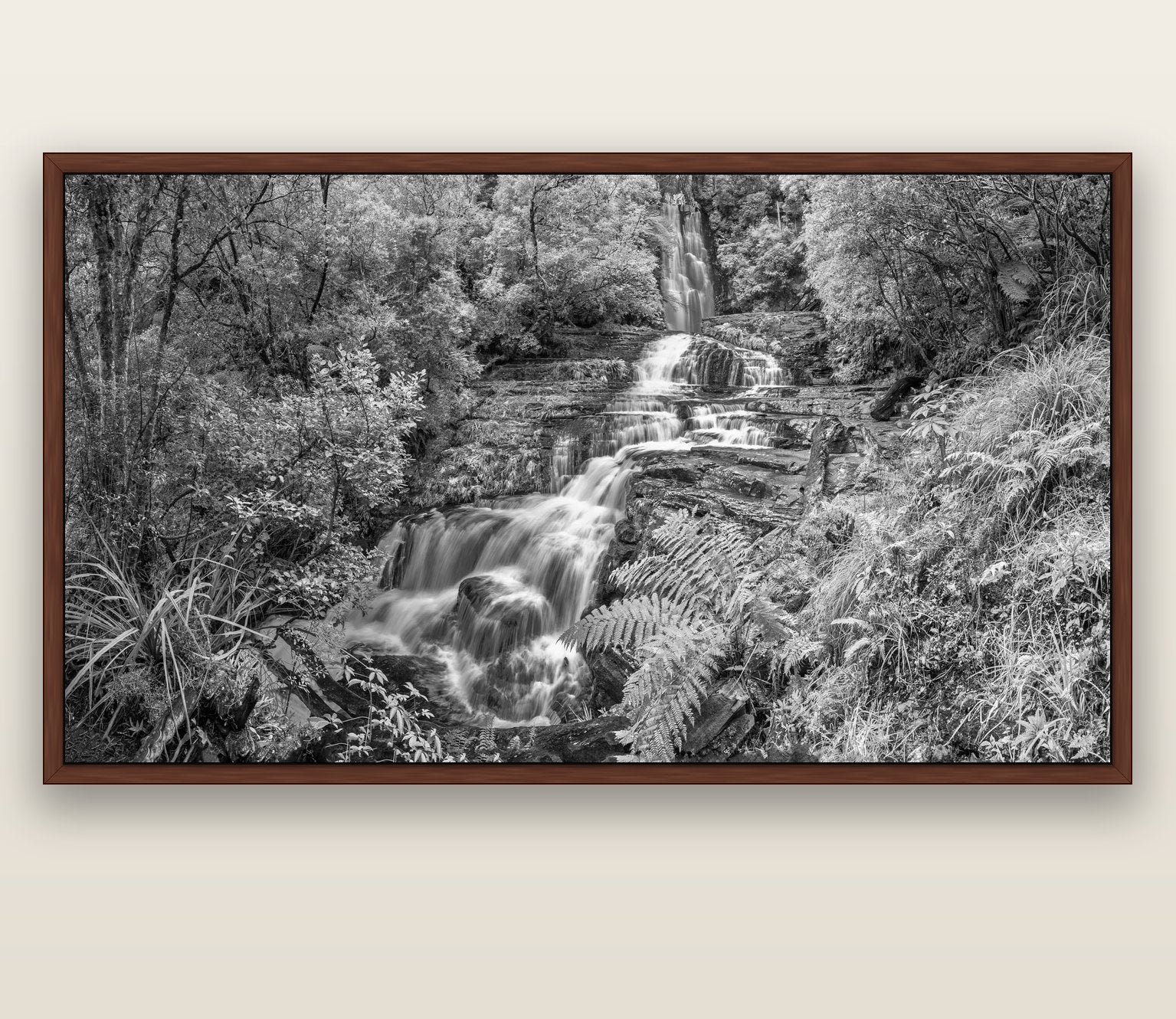 Radiance of Nature, McLean Falls — brown float frame canvas, 200 × 130 cm. New Zealand fine art landscape wall art by Stephen Milner.