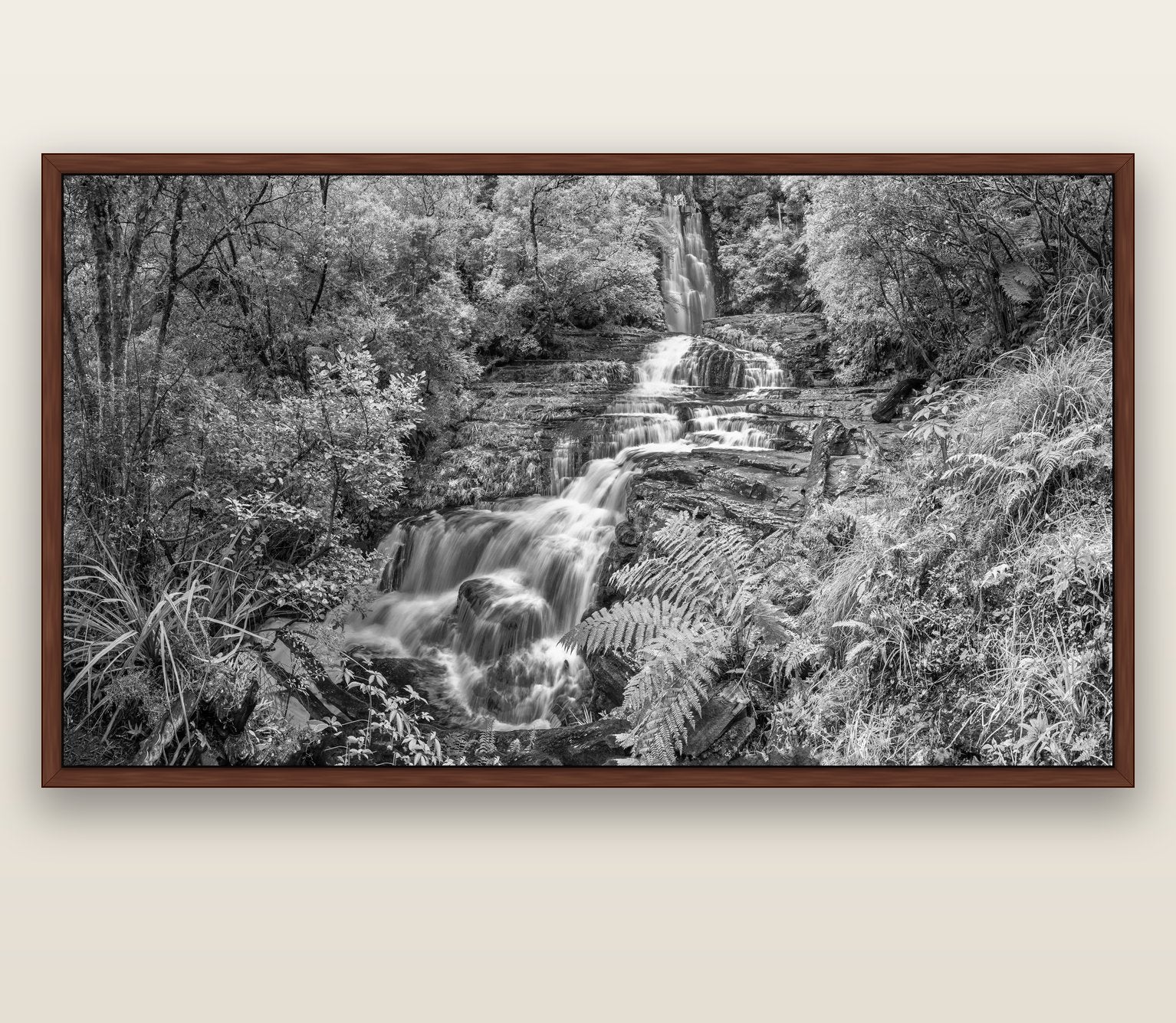 Radiance of Nature, McLean Falls — brown float frame canvas, 201 × 99 cm. New Zealand fine art landscape wall art by Stephen Milner.
