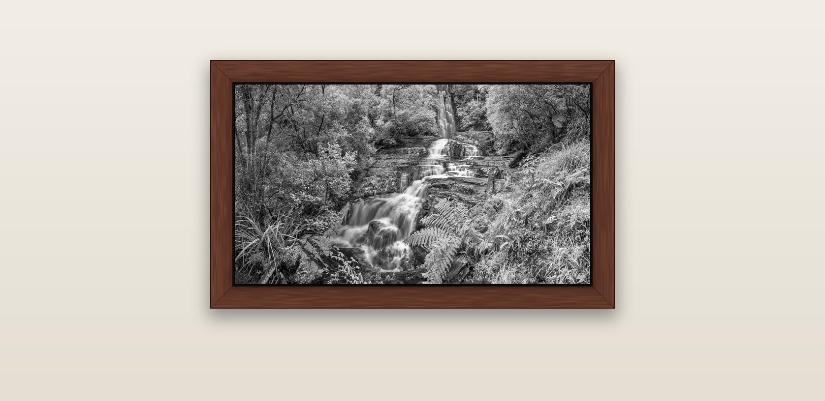 Radiance of Nature, McLean Falls — brown float frame canvas, 61 × 36 cm. New Zealand fine art landscape wall art by Stephen Milner.