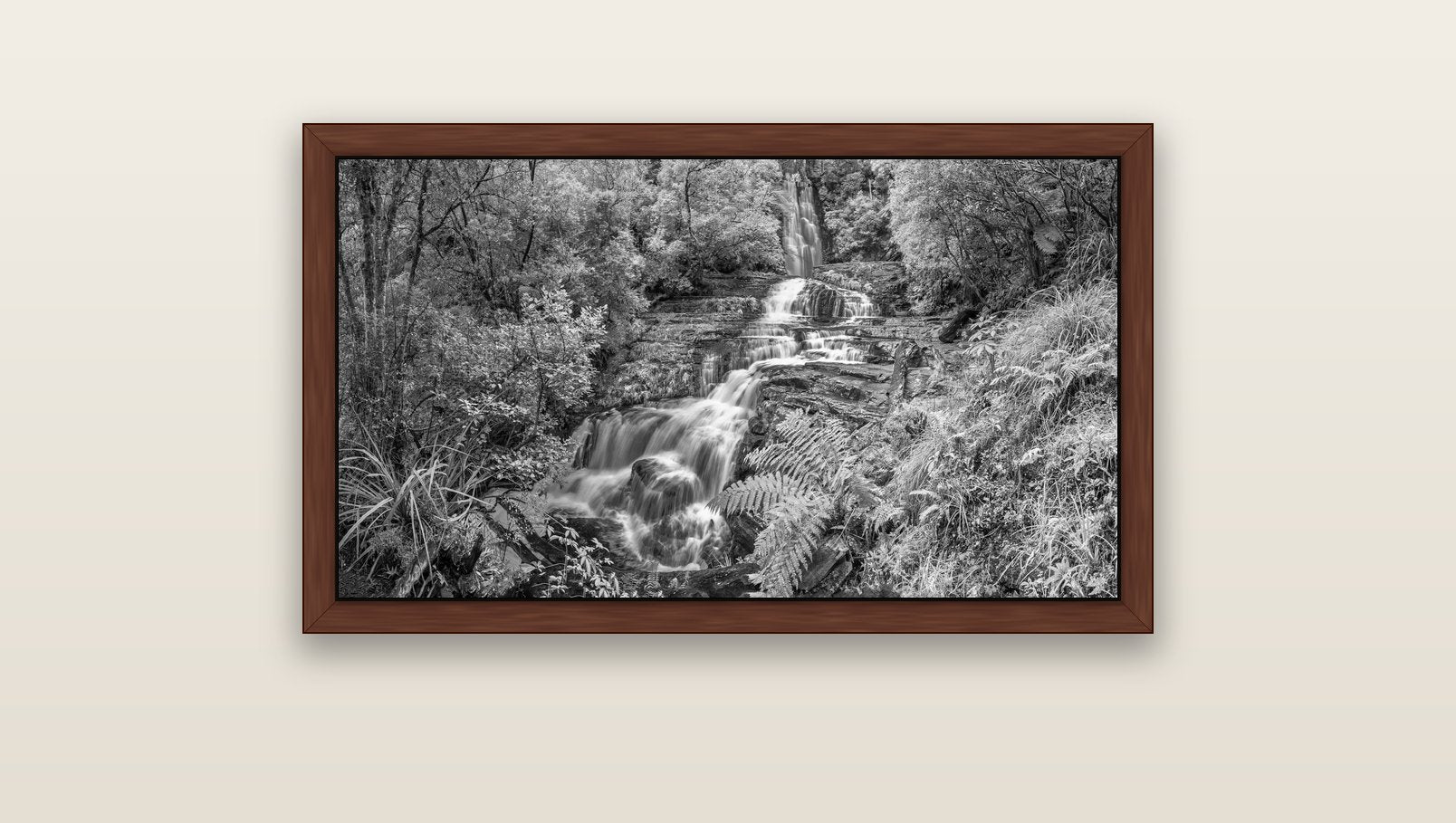 Radiance of Nature, McLean Falls — brown float frame canvas, 91 × 51 cm. New Zealand fine art landscape wall art by Stephen Milner.