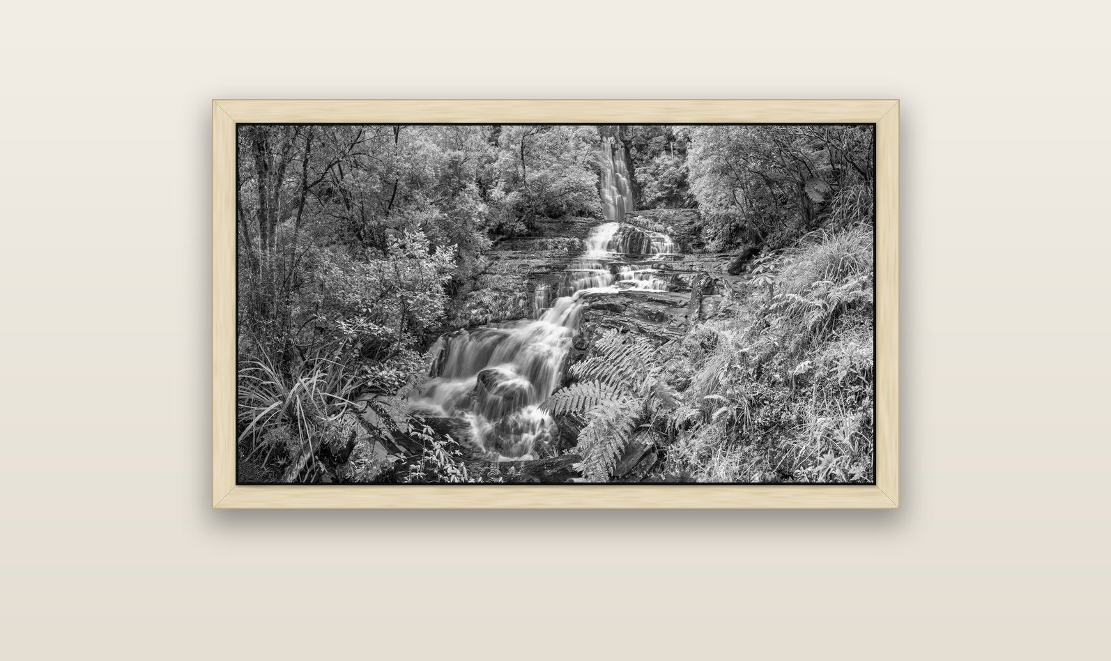 Radiance of Nature, McLean Falls — natural float frame canvas, 102 × 56 cm. New Zealand fine art landscape wall art by Stephen Milner.
