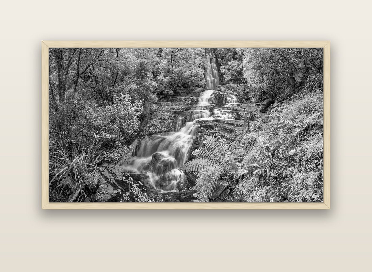 Radiance of Nature, McLean Falls — natural float frame canvas, 152 × 86 cm. New Zealand fine art landscape wall art by Stephen Milner.