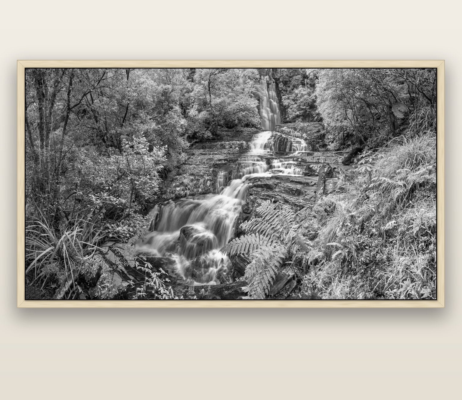 Radiance of Nature, McLean Falls — natural float frame canvas, 200 × 130 cm. New Zealand fine art landscape wall art by Stephen Milner.