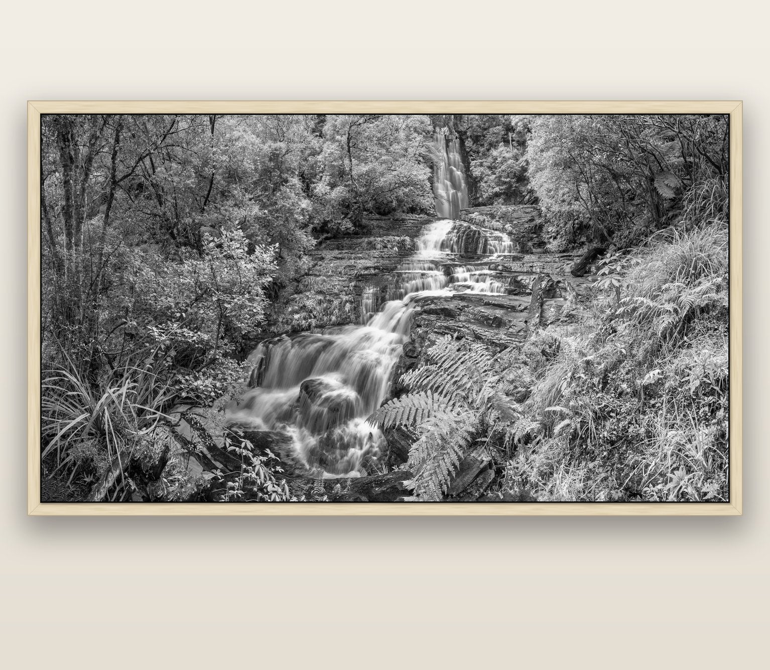 Radiance of Nature, McLean Falls — natural float frame canvas, 201 × 99 cm. New Zealand fine art landscape wall art by Stephen Milner.