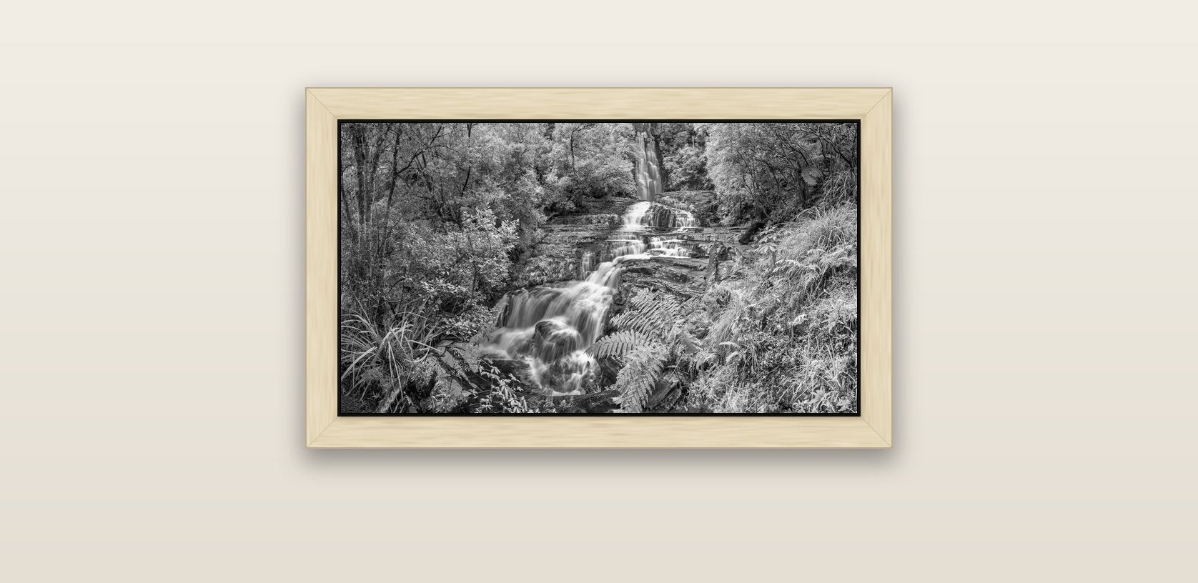 Radiance of Nature, McLean Falls — natural float frame canvas, 61 × 36 cm. New Zealand fine art landscape wall art by Stephen Milner.
