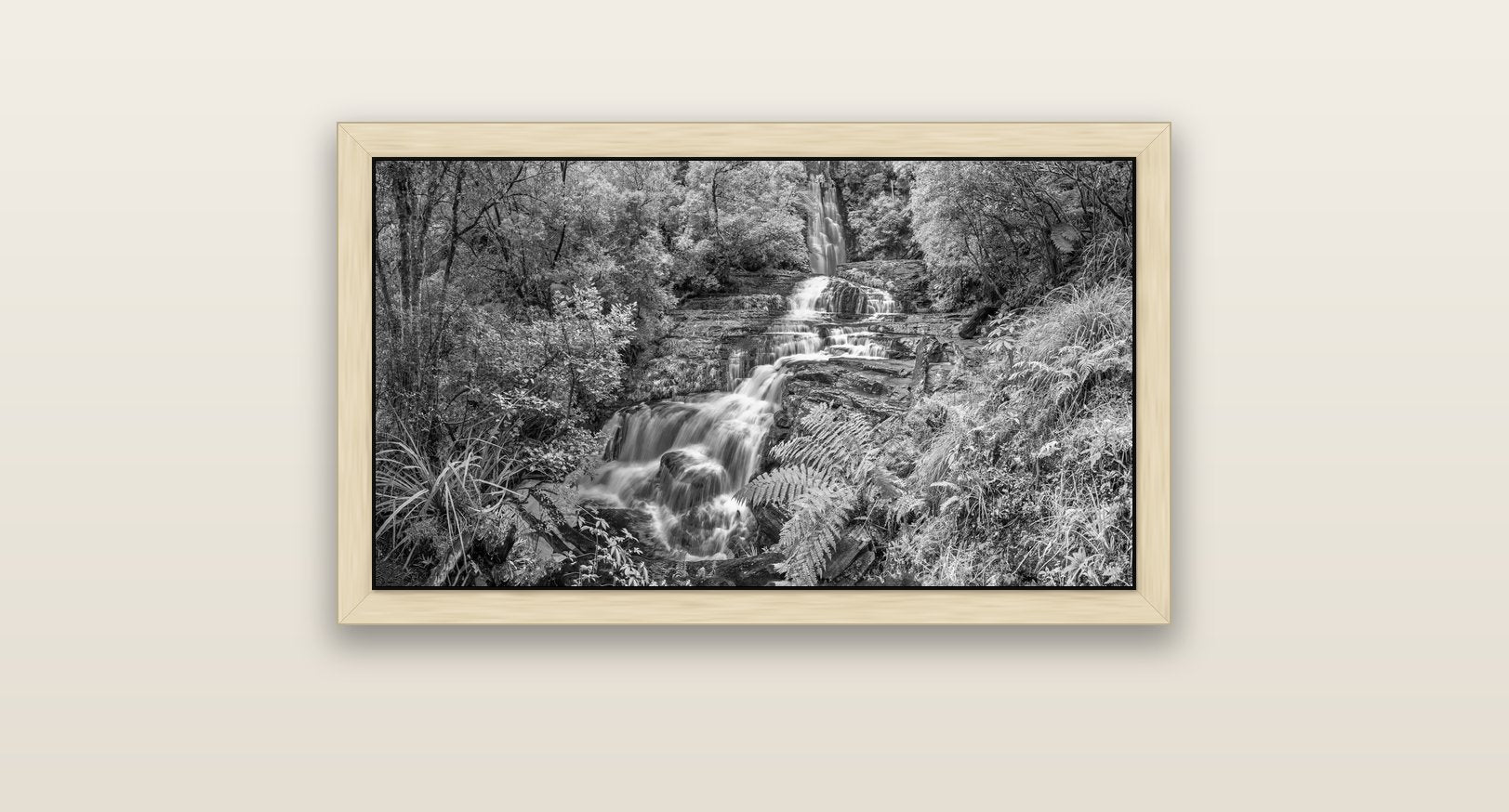 Radiance of Nature, McLean Falls — natural float frame canvas, 81 × 46 cm. New Zealand fine art landscape wall art by Stephen Milner.