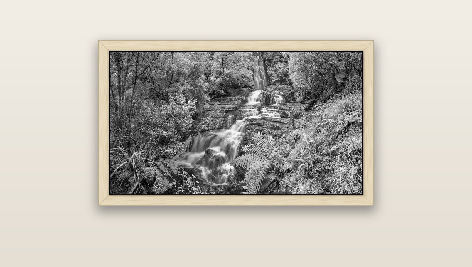 Radiance of Nature, McLean Falls — natural float frame canvas, 91 × 51 cm. New Zealand fine art landscape wall art by Stephen Milner.