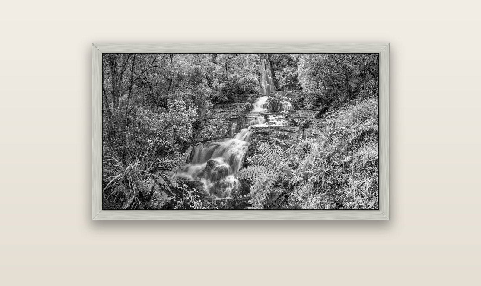 Radiance of Nature, McLean Falls — silver float frame canvas, 102 × 56 cm. New Zealand fine art landscape wall art by Stephen Milner.
